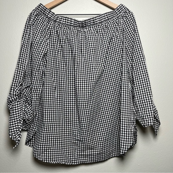 NEW Beach Lunch Lounge Women Top Large Gingham Plaid Off the Shoulder 3/4 Sleeve - Picture 1 of 10